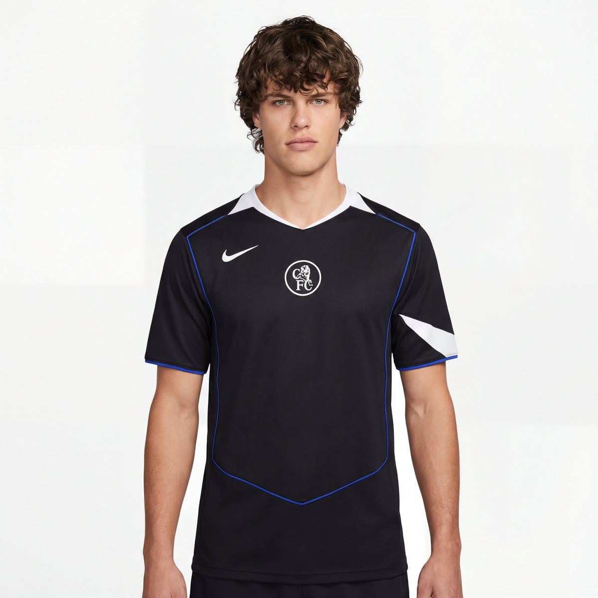 Chelsea 25/26 third black jersey with white blue accents Nike swoosh