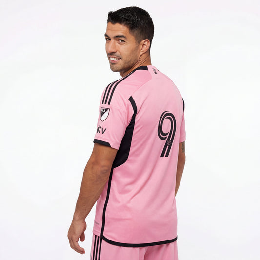 Back of pink Inter Miami 25/26 player home jersey with black accents and number 9